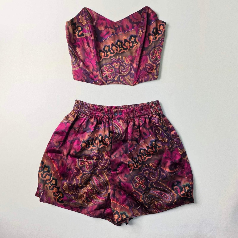 Vtg Victorias Secret Gold Label Pajama Set Medium Top and Shorts Paisley Corset